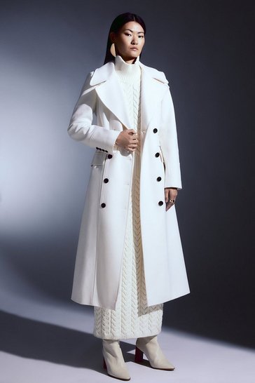 Ivory Italian Wool Blend Tab Belt Detail Double Breasted Coat