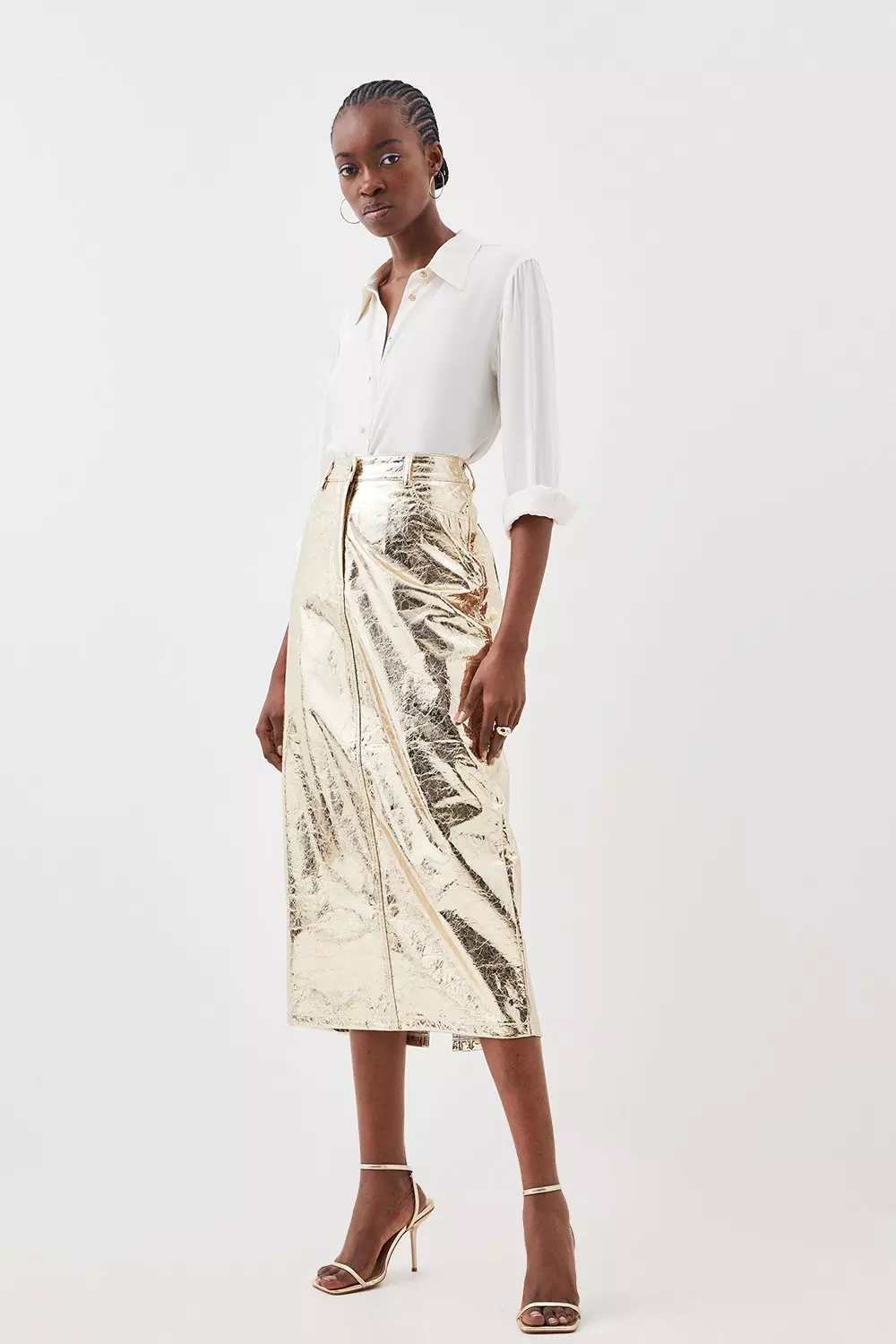 Metallic Faux Leather Midi Skirt