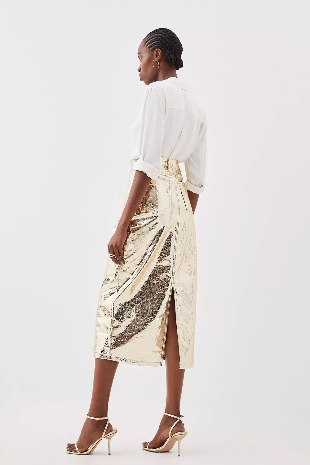 Metallic Faux Leather Midi Skirt | Karen Millen