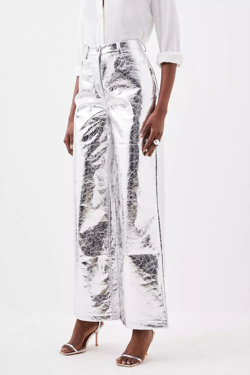 Metallic Faux Leather Wide Leg Pants