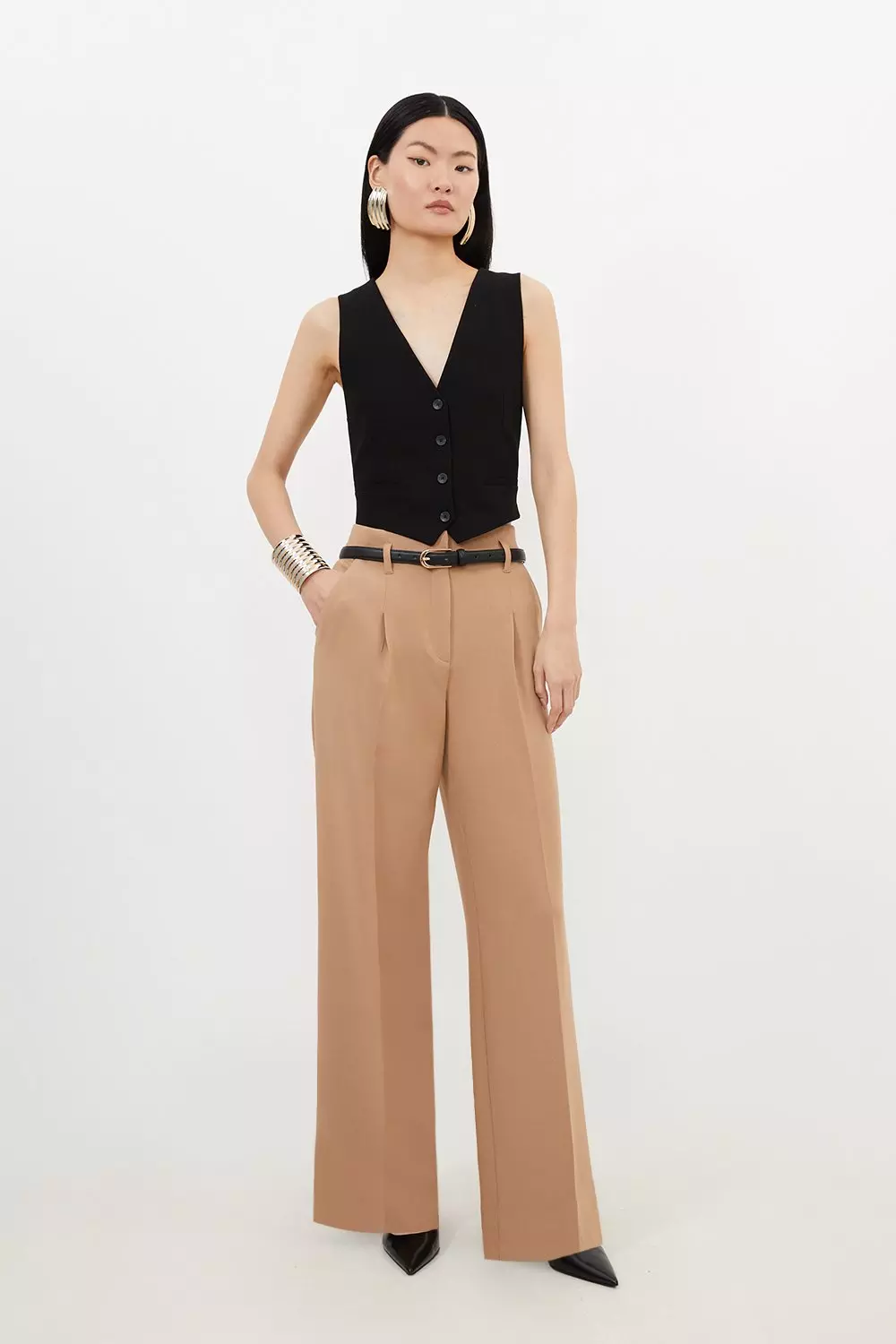 Tailored Compact Stretch Corset Waist Wide Leg Pants | Karen Millen