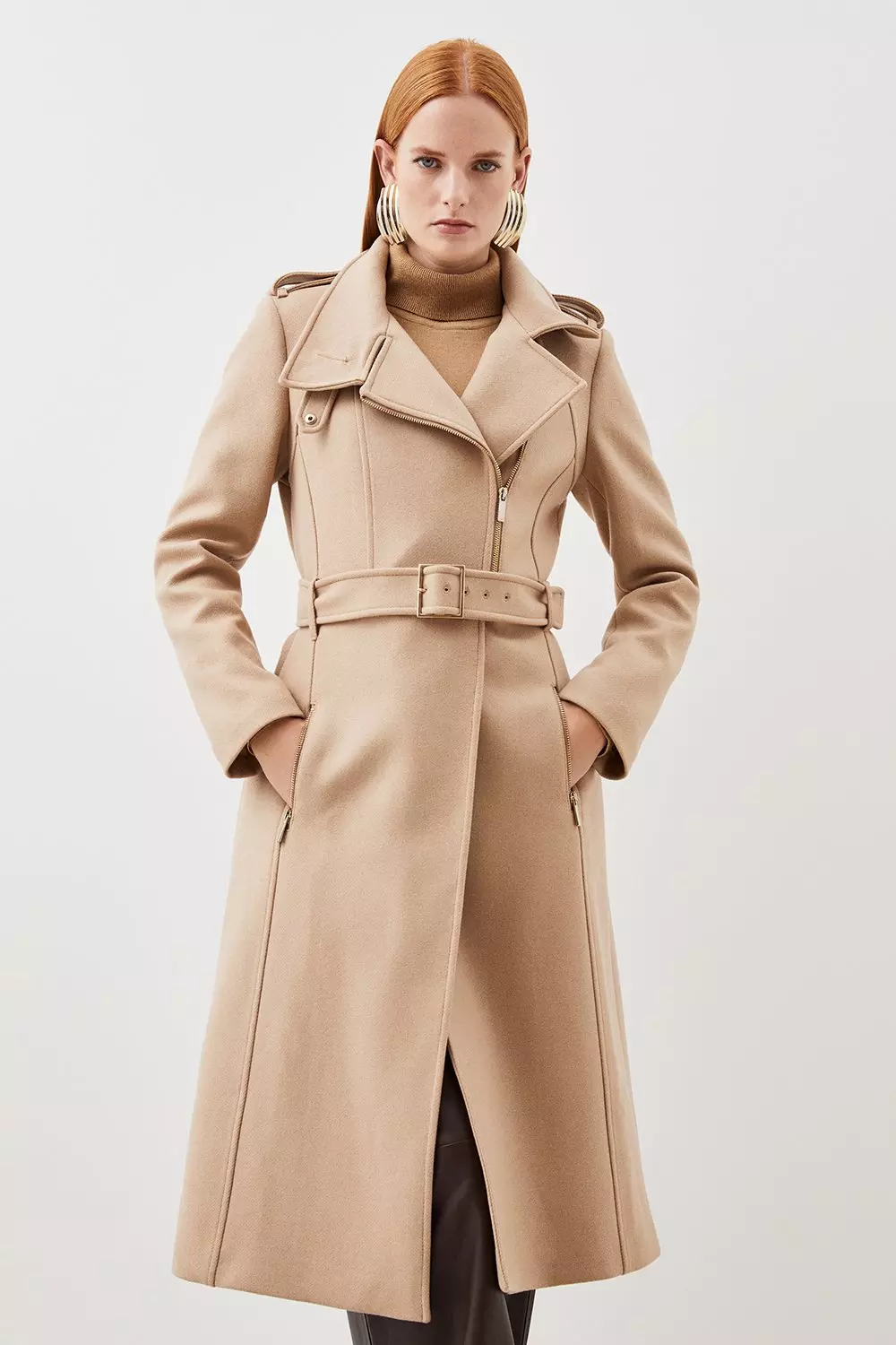 Italian Manteco Wool Blend High Neck Belted Coat Karen Millen