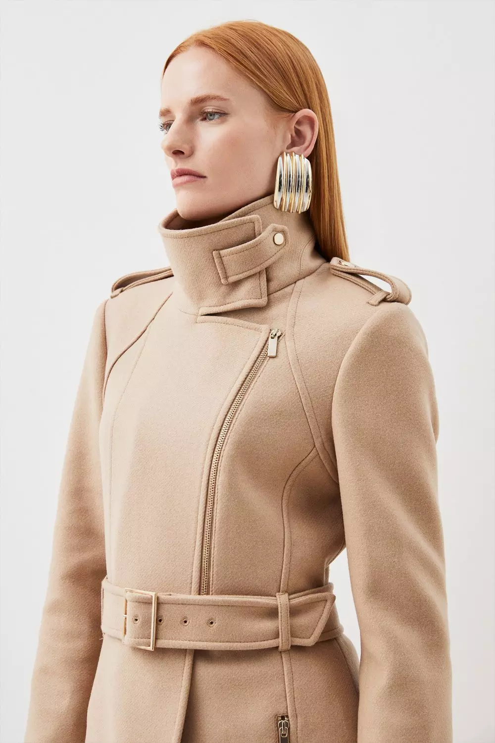 Italian Manteco Wool Blend High Neck Belted Coat | Karen Millen