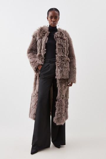 Grey Shearling Collarless Maxi Coat