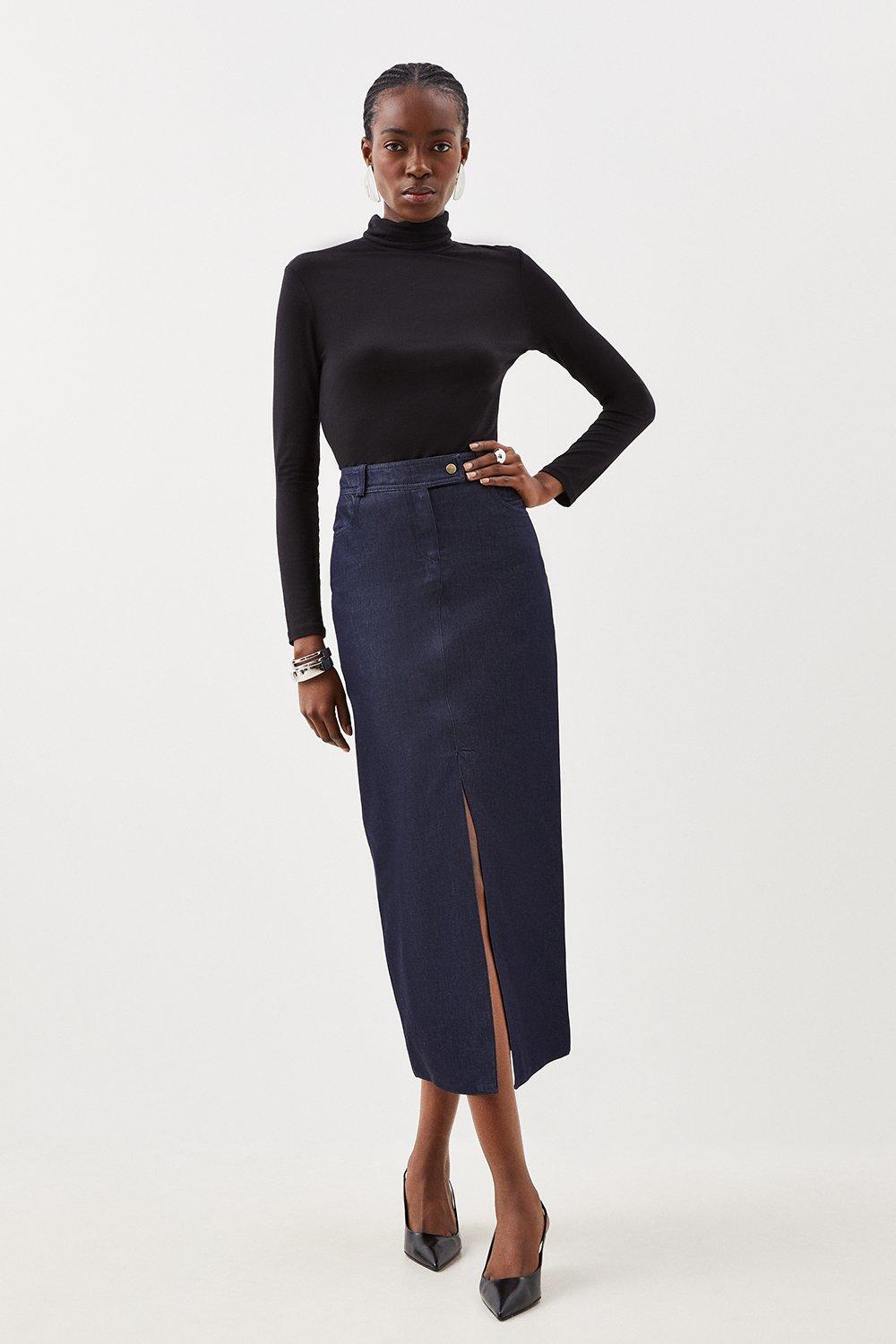 Navy Blue Tailored Midi Pencil Skirt