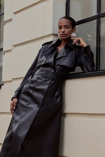 Black Tailored Faux Leather Belted Trench Coat