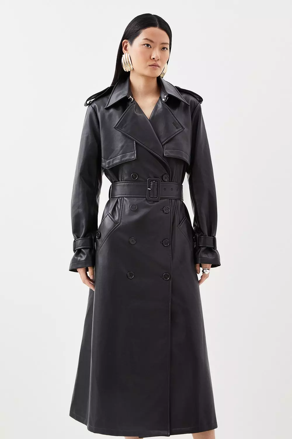 Belted Faux Leather Trench Coat