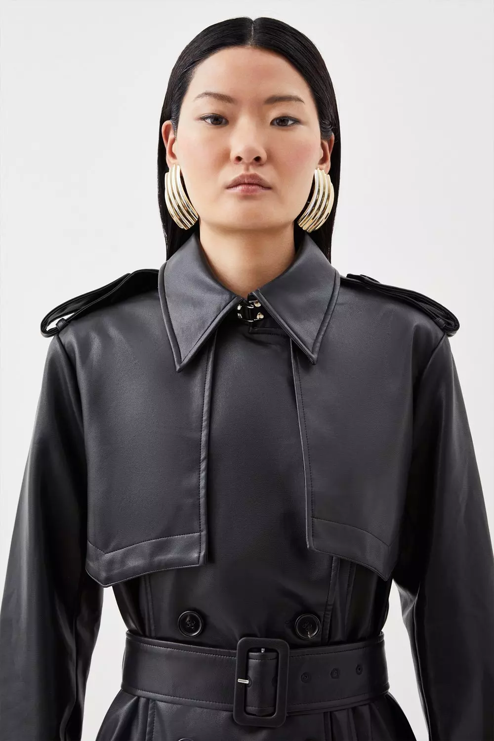 Tailored Faux Leather Belted Trench Coat