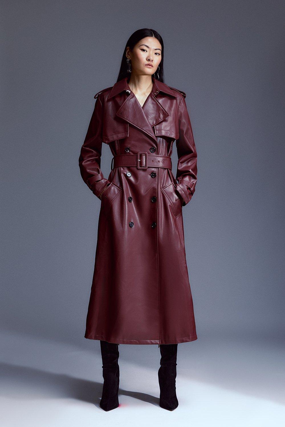 Tailored Faux Leather Belted Trench Coat - Brown