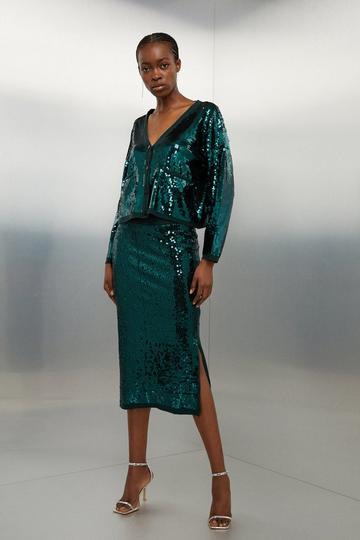 Viscose Blend Sequin Knit Midi Skirt emerald
