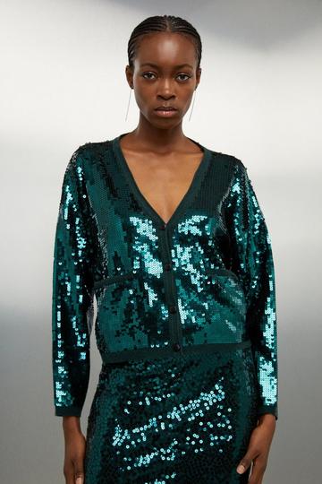 Viscose Blend Sequin Knit Slouchy Cardigan emerald