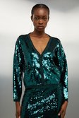 Emerald Viscose Blend Sequin Knit Slouchy Cardigan