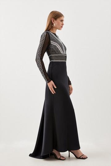 Black Petite Guipure Lace Satin Woven Maxi Dress