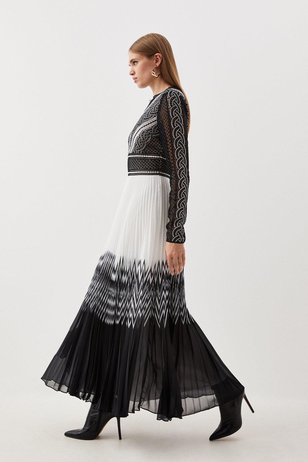 Guipure Lace Pleated Placed Print Woven Maxi Dress - Black