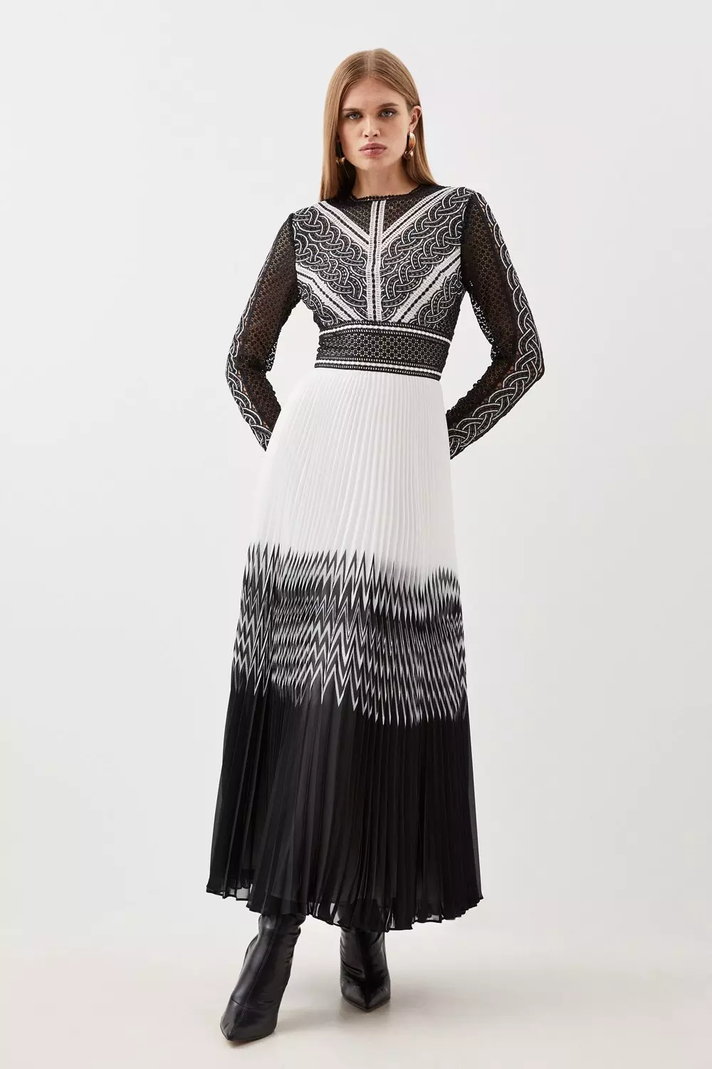Guipure Lace Pleated Placed Print Woven Maxi Dress | Karen Millen