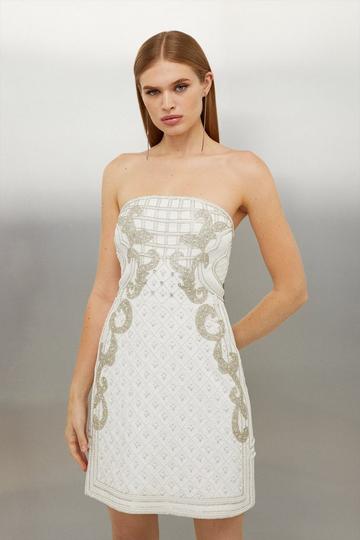 Premium Embellished Bandeau Woven Mini Dress ivory