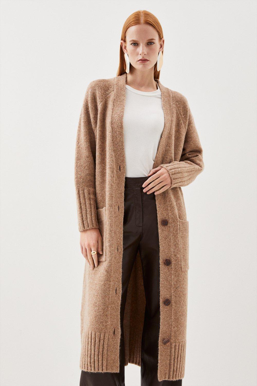 Femme Luxe knitted long line cardi in camel