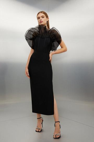 Black Bandage Figure Form Organza Frill Knit Midaxi Dress