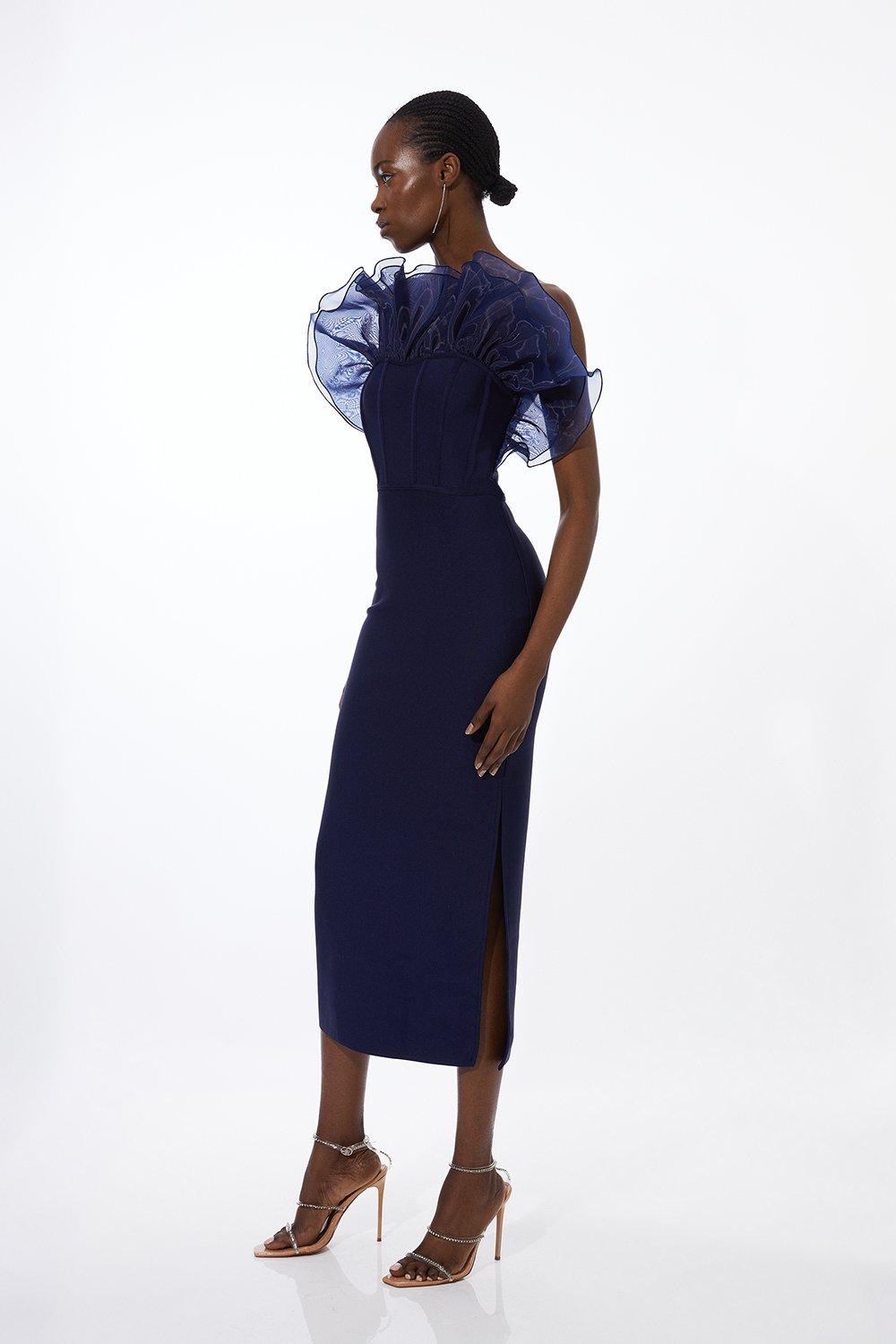 Miles Dress, Blue Houndstooth Pencil Dress in Crepe Georgette