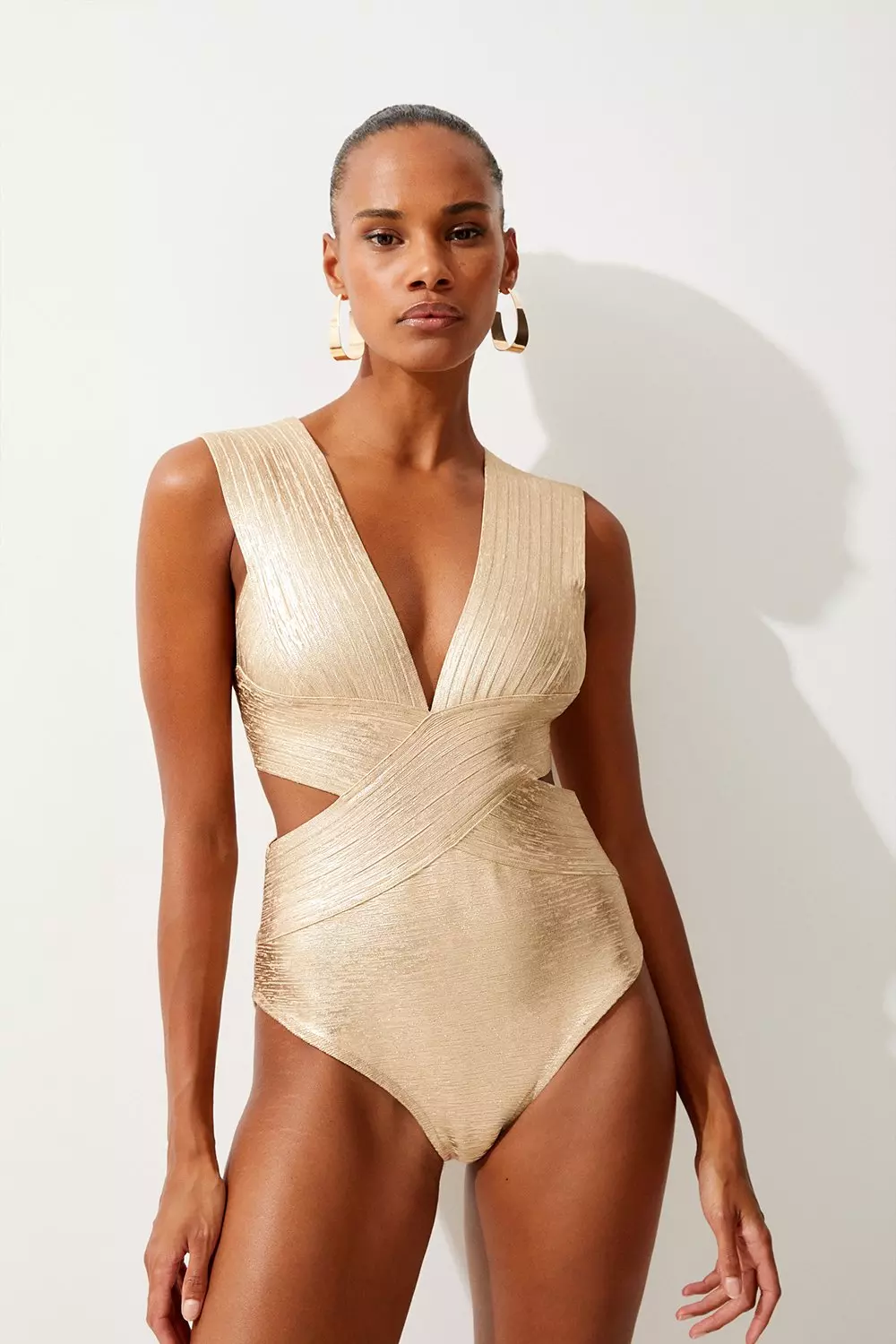 Foiled Bandage Textured V Neck Swimsuit Karen Millen