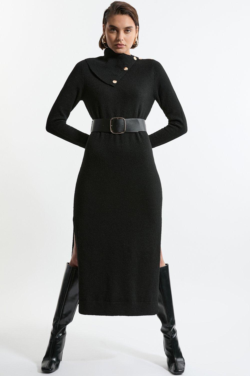 Wool Blend Cosy Envelope Belted Knit Maxi Dress - Black