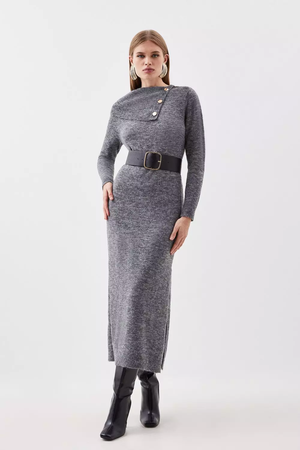 Wool Blend Cosy Envelope Belted Knit Maxi Dress