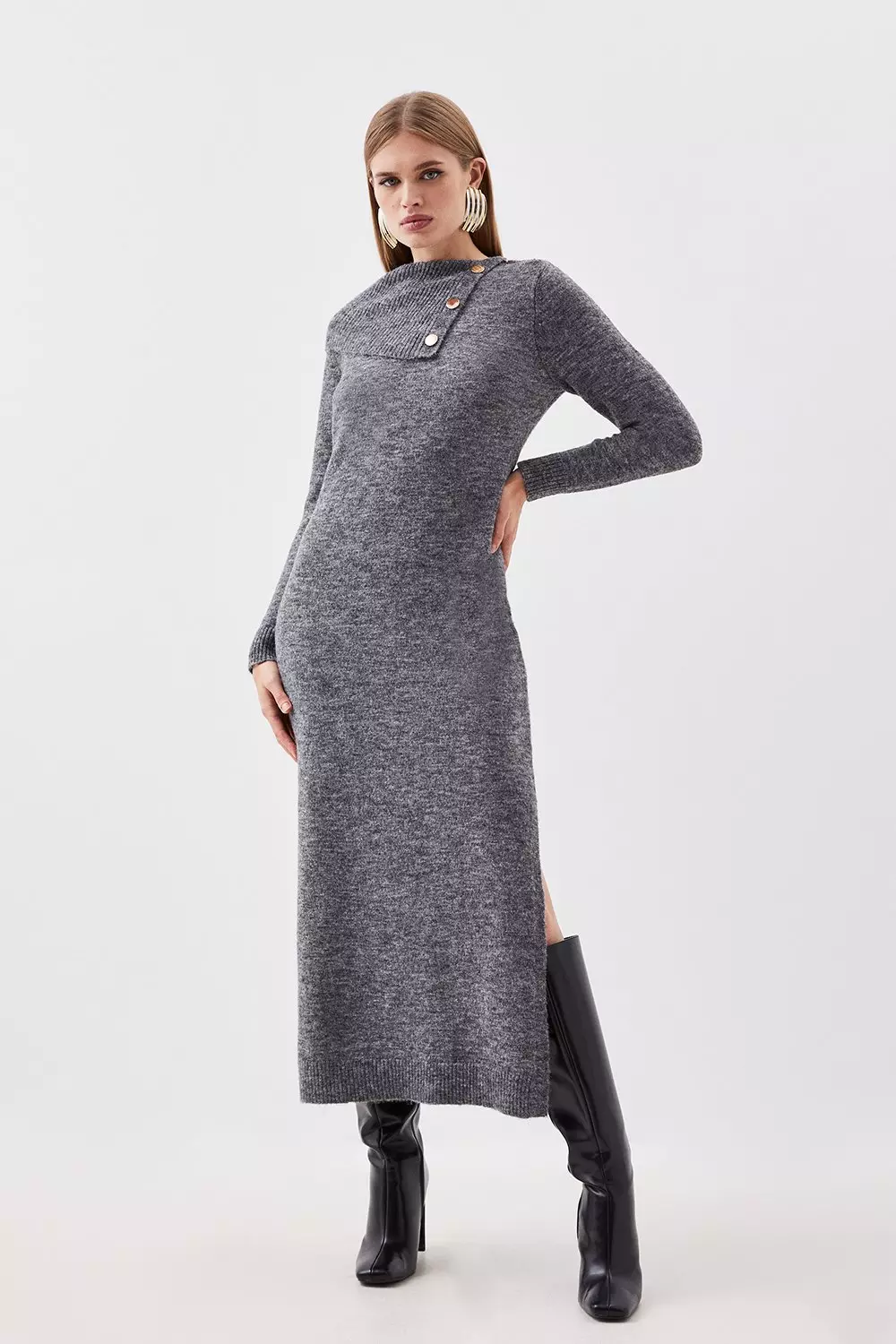 Wool Blend Cosy Envelope Belted Knit Maxi Dress | Karen Millen