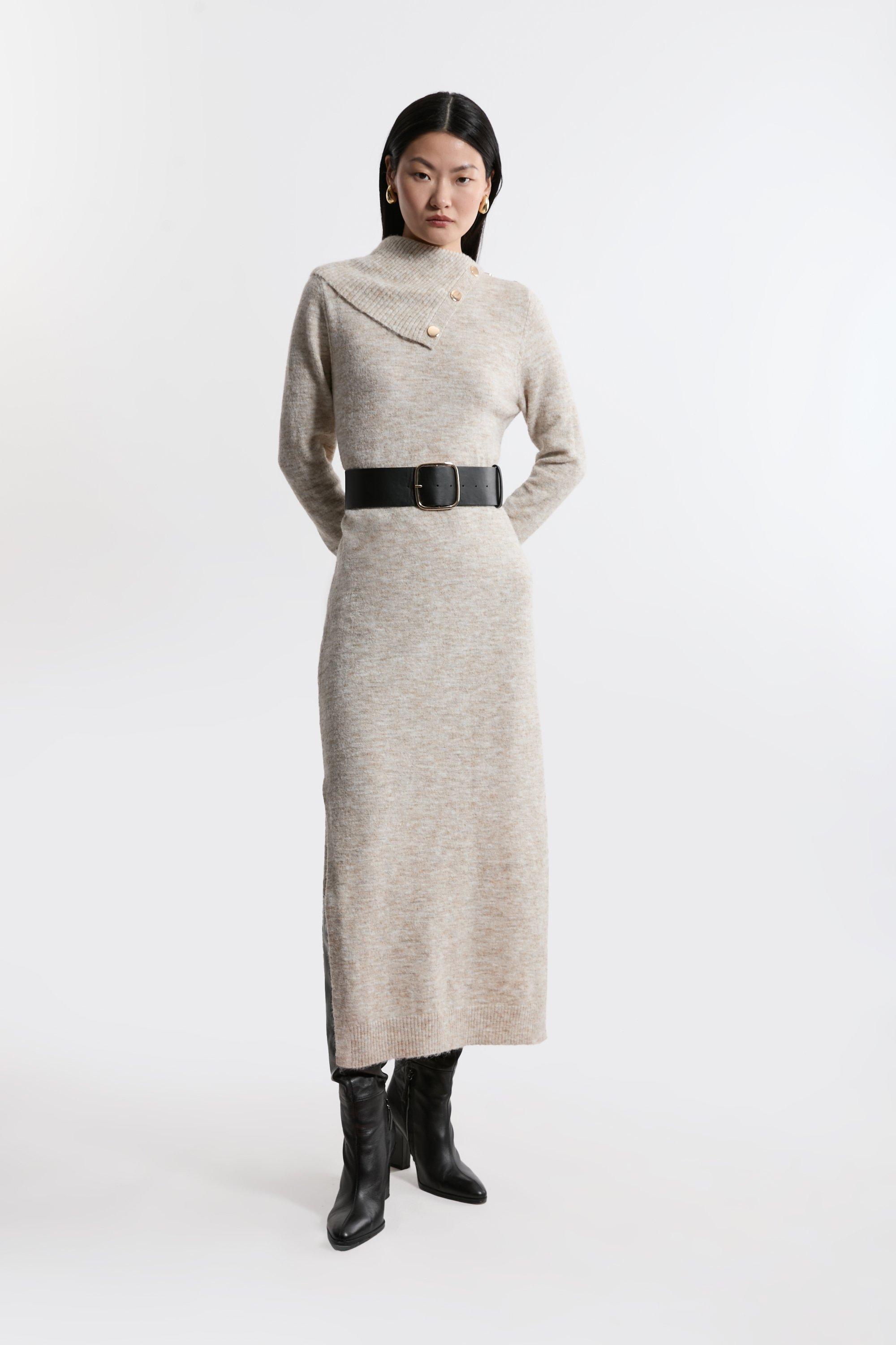 Wool Blend Cosy Envelope Belted Knit Maxi Dress - Ivory