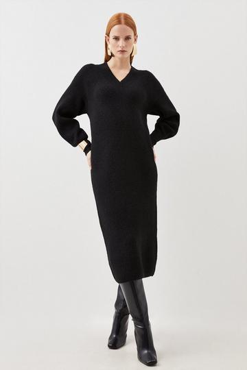 Wool Blend Cosy V Neck Knit Midi Dress black