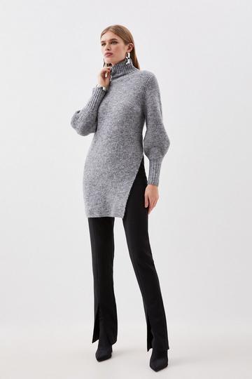 Wool Blend Cosy Funnel Knit Longline Sweater grey marl