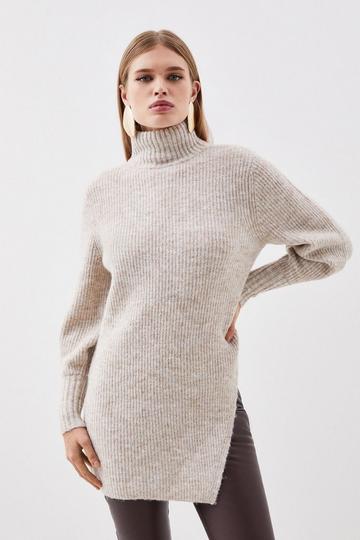 Wool Blend Cosy Funnel Knit Longline Sweater ivory