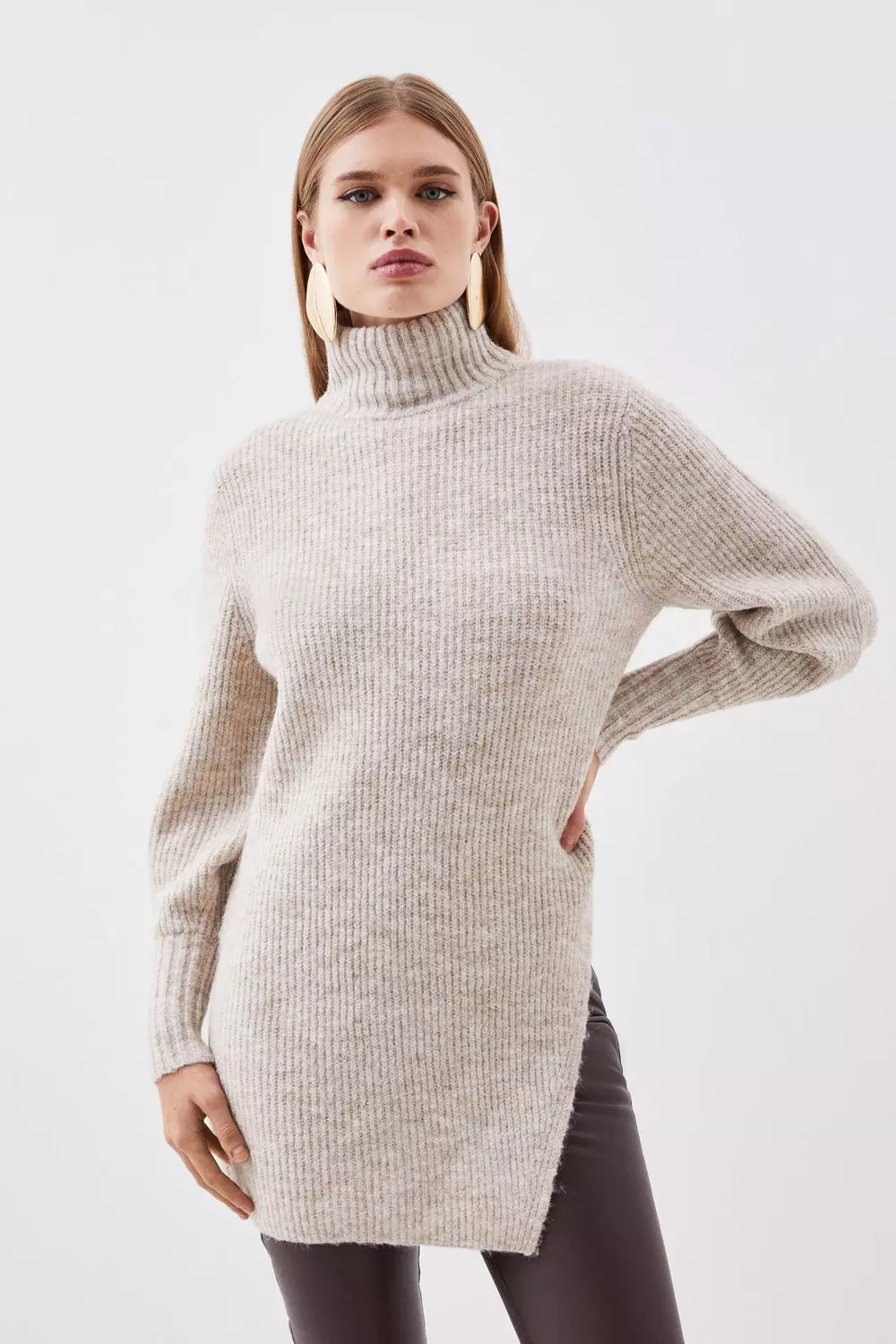 Wool Blend Cosy Funnel Knit Longline Jumper | Karen Millen