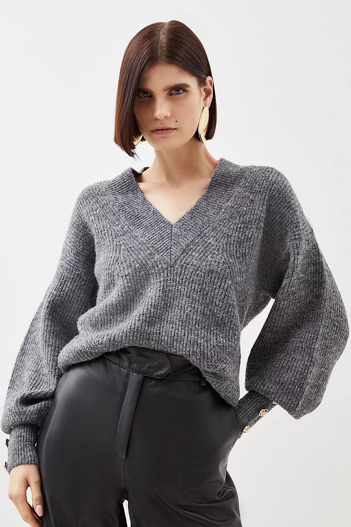 Wool Blend Cosy V Neck Military Trim Knit Sweater | Karen Millen