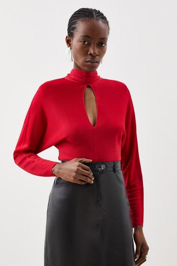 Red Slinky Viscose Keyhole Tie Detail Knit Top