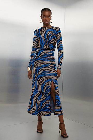 Slinky Jacquard Viscose Split Detail Knit Midaxi Dress cobalt