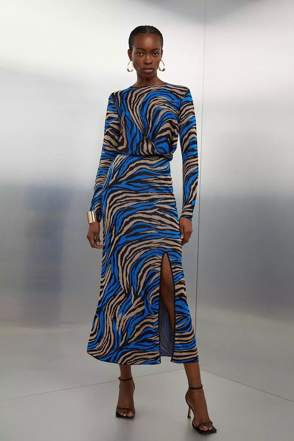 Slinky Jacquard Viscose Split Detail Knit Midaxi Dress
