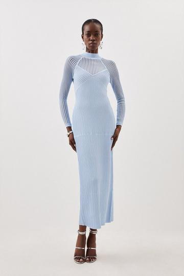 Blue Viscose Blend Sheer Knit Column Midaxi Dress