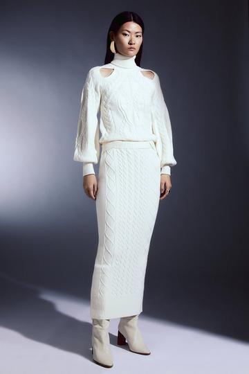 Viscose Blend Cable Knit Midaxi Skirt Co-ord ivory