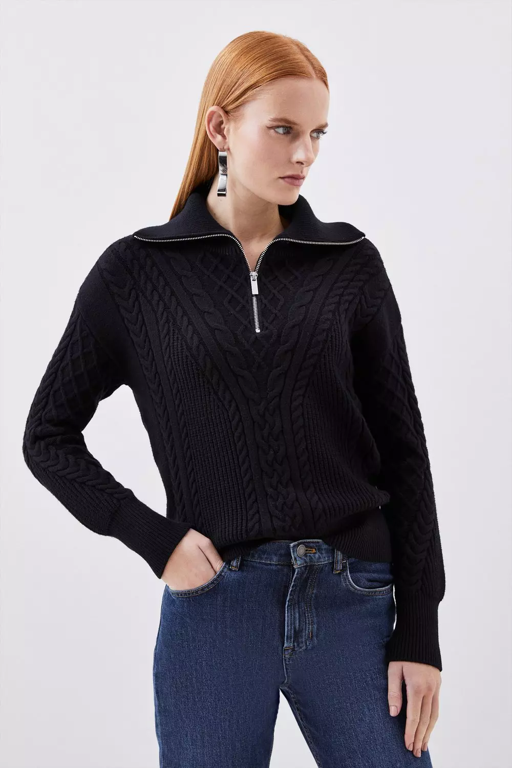 Viscose Blend Collared Zip Cable Knit Sweater