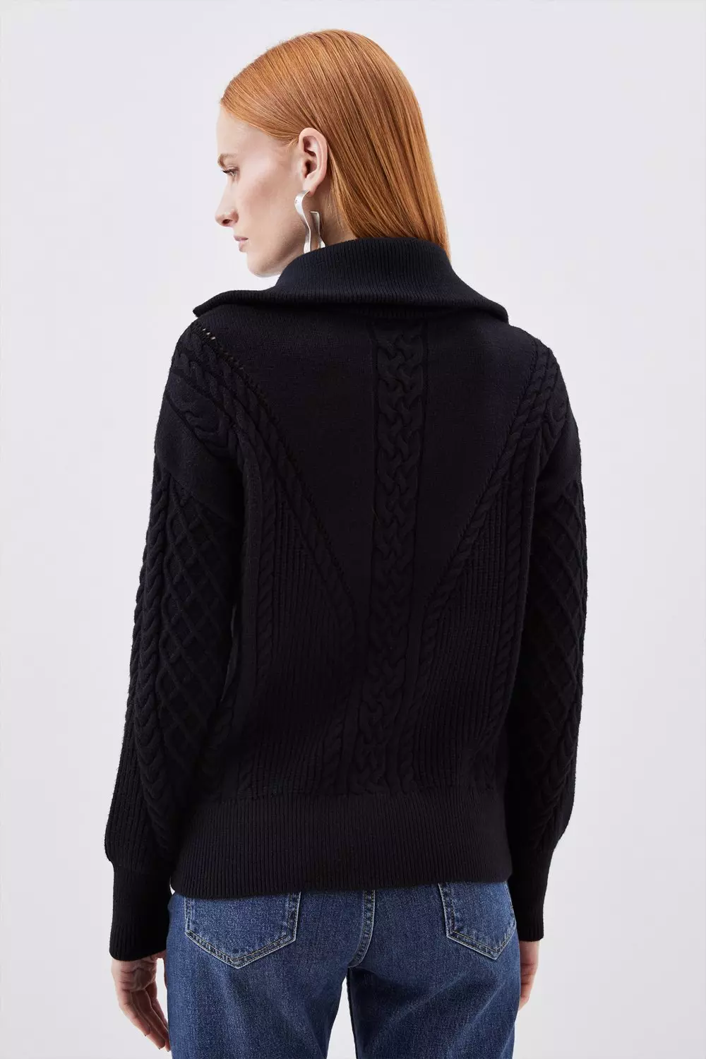 Viscose Blend Collared Zip Cable Knit Sweater