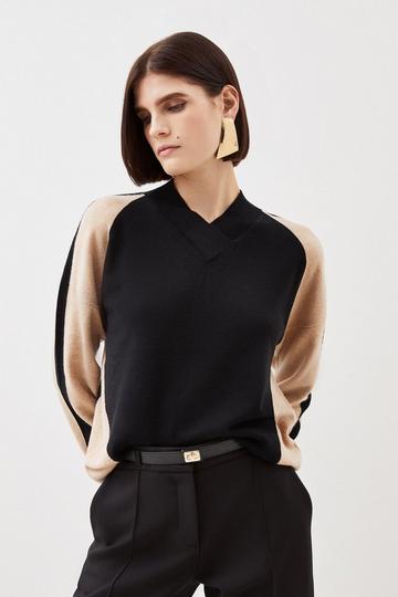Cashmere Blend Knit High Neck Color Block Sweater black