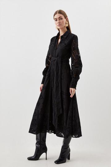 Cotton Eyelet Belted Woven Maxi Dress black