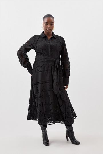 Plus Size Cotton Broderie Belted Woven Maxi Dress black