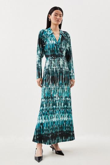Green Abstract Print Jersey Maxi Wrap Dress