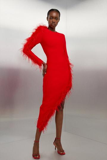 Figure Form Bandage Knit Split Feather Hem Maxi Dress red