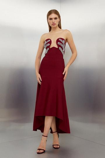 Burgundy Red Figure Form Bandage Knit Corset Style Embellished Midaxi Dress