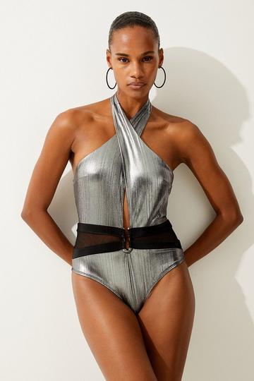 Silver Silver Foiled Cross Neck Swimsuit