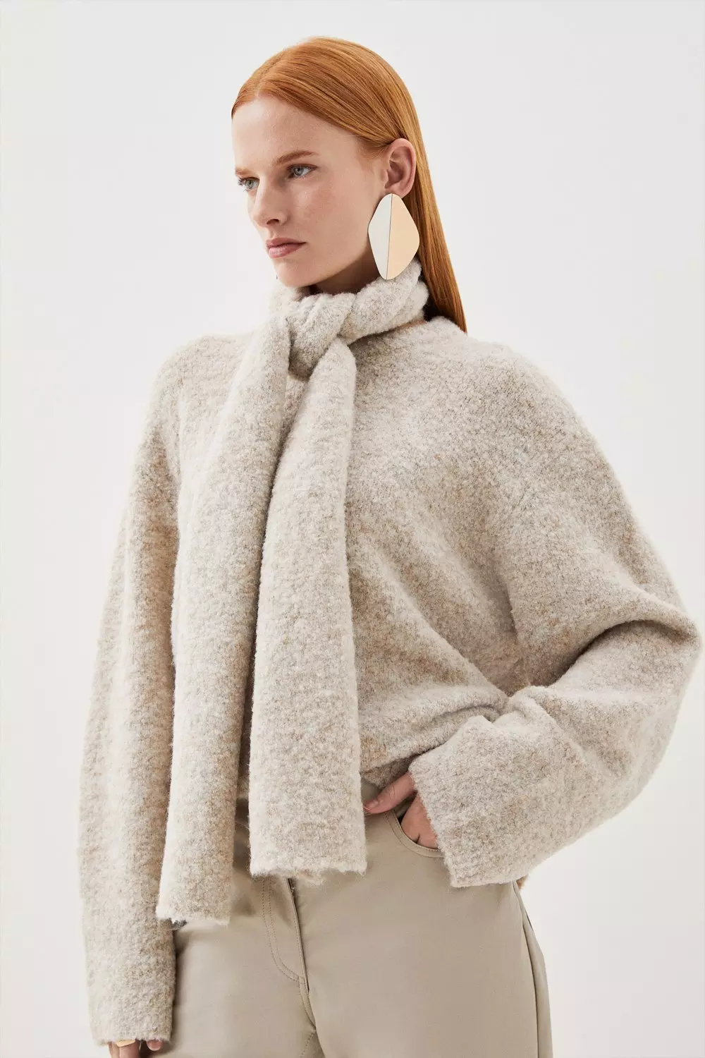 Boucle Knit Oversized Sweater With Scarf | Karen Millen