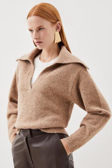 Wool Blend Relaxed Collar Knit Sweater camel