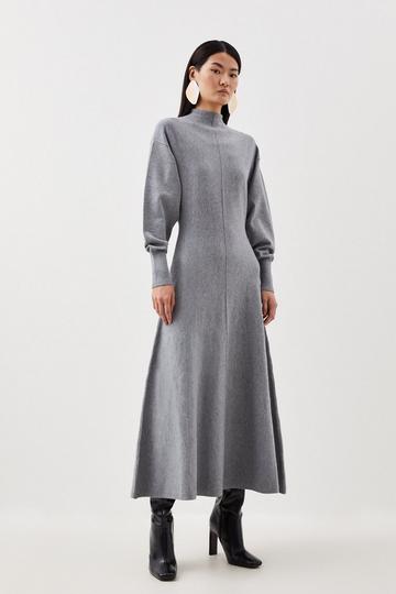 Grey Compact Knit Wool Look Full Skirt Midaxi Dress